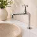 Handcrafted Polished Nickel Bridge Bathroom Faucet – Single Handle Deck Mount Sink Tap with Cross Handle