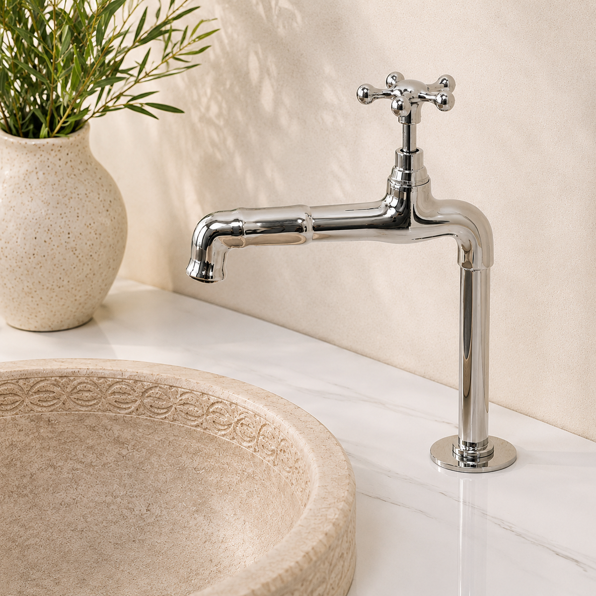 Handcrafted Polished Nickel Bridge Bathroom Faucet – Single Handle Deck Mount Sink Tap with Cross Handle