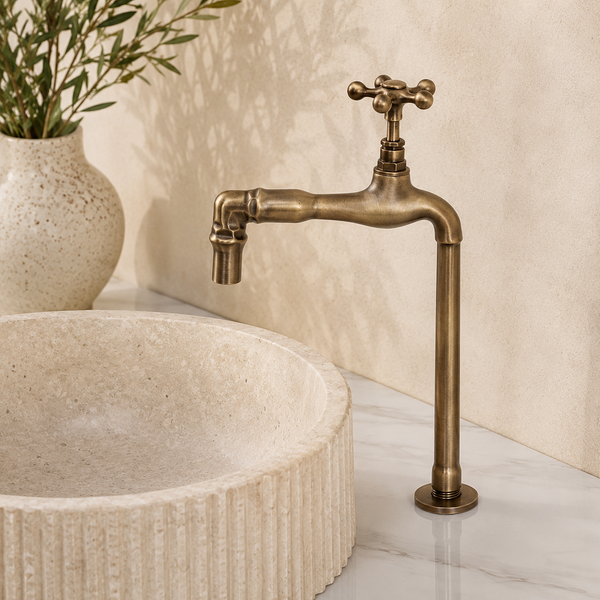 Handcrafted Antique Brass Deck Mount Faucet – Single Handle Bathroom Sink