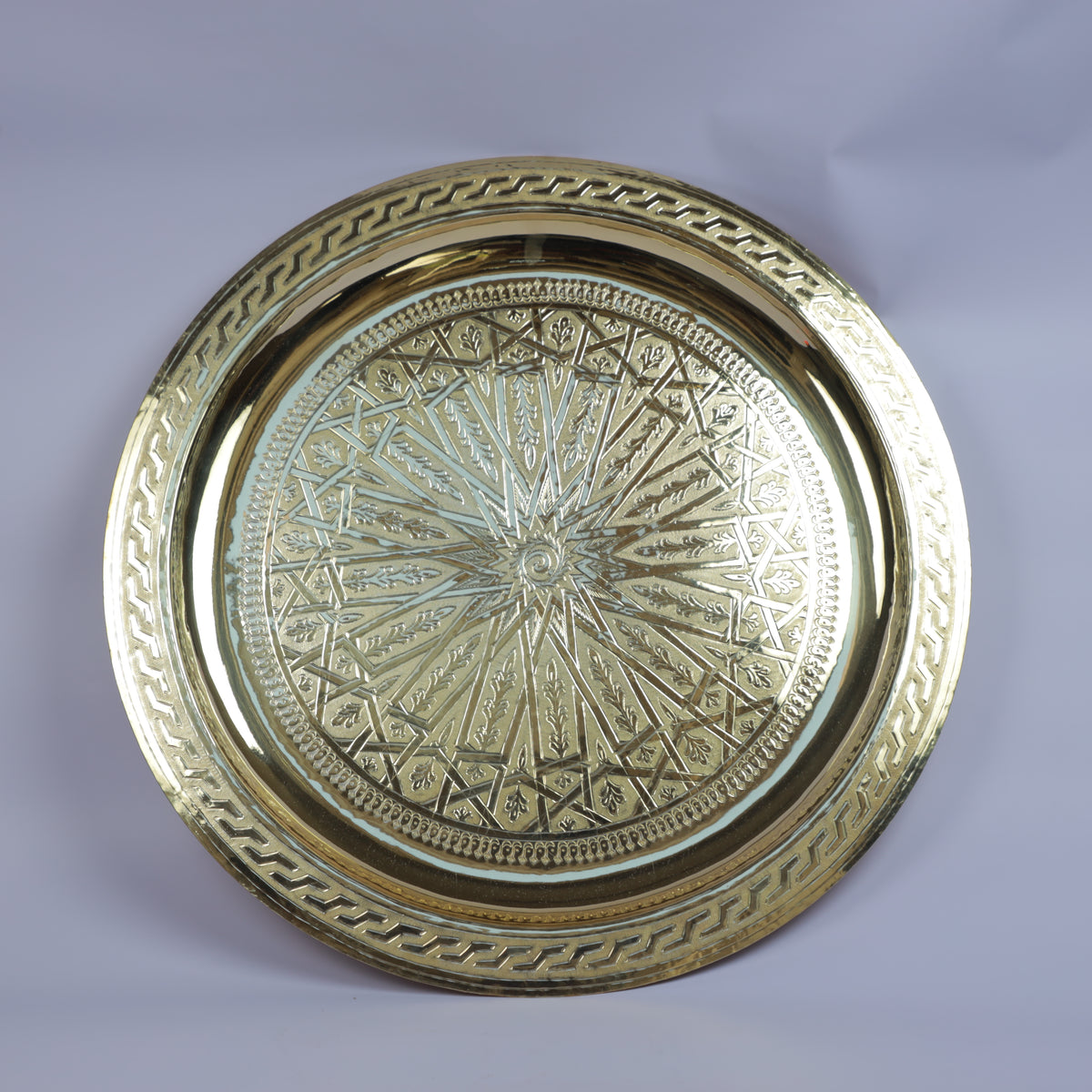 Handcrafted Moroccan Brass Serving Tray – Large Round Engraved Decorative Tea Tray with Traditional Geometric Pattern