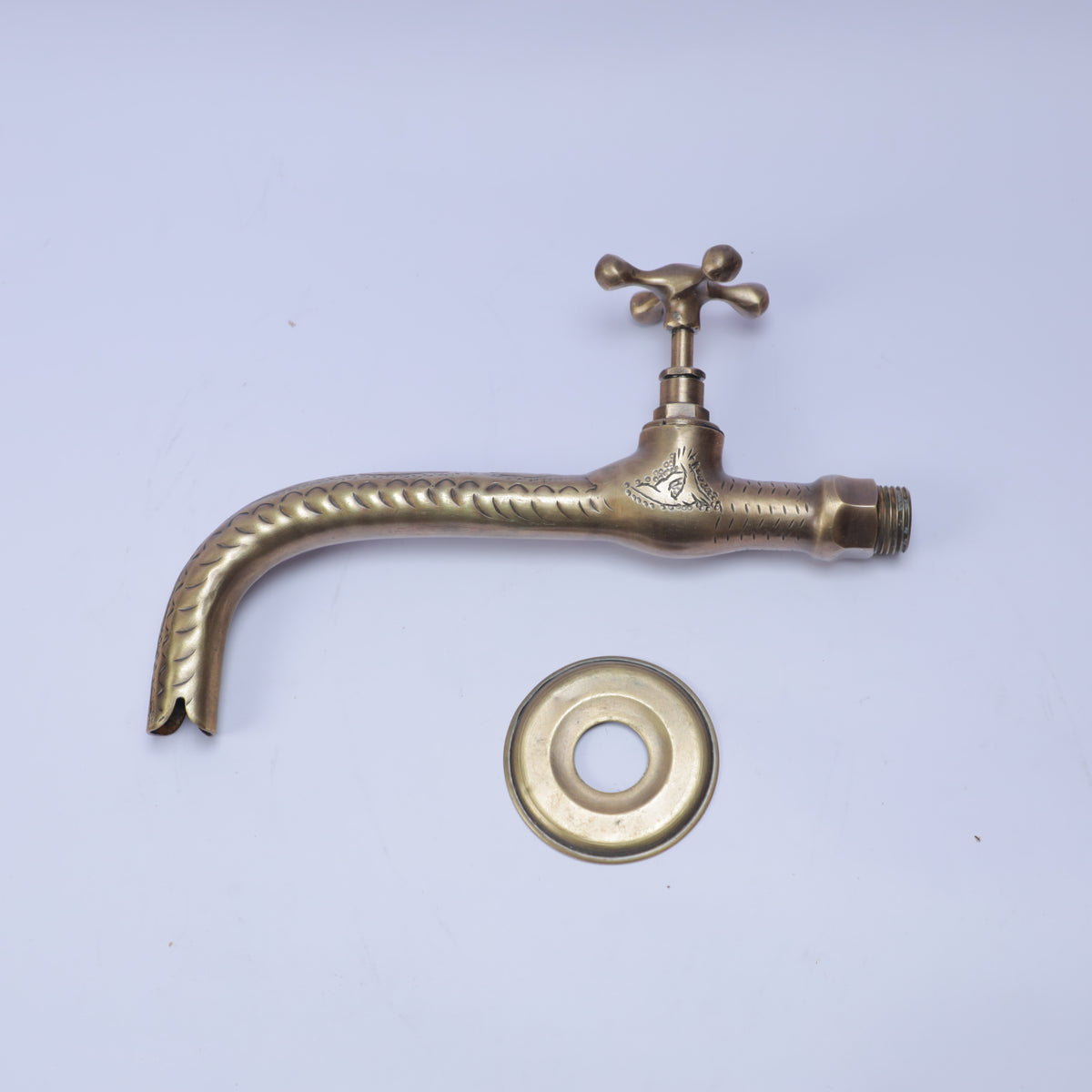 Handcrafted Antique Brass Wall-Mount Faucet – Moroccan Cross Handle Bathroom & Kitchen Tap with Engraved Swan Neck Spout