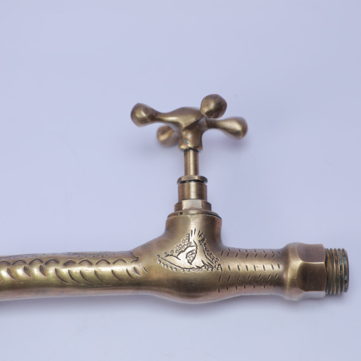 Handcrafted Antique Brass Wall-Mount Faucet – Moroccan Cross Handle Bathroom & Kitchen Tap with Engraved Swan Neck Spout