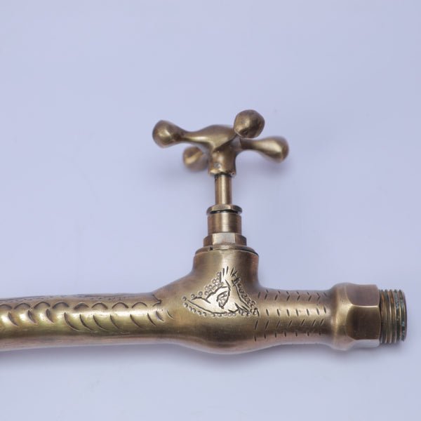 Handcrafted Antique Brass Wall-Mount Faucet – Moroccan Cross Handle Bathroom & Kitchen Tap with Engraved Swan Neck Spout