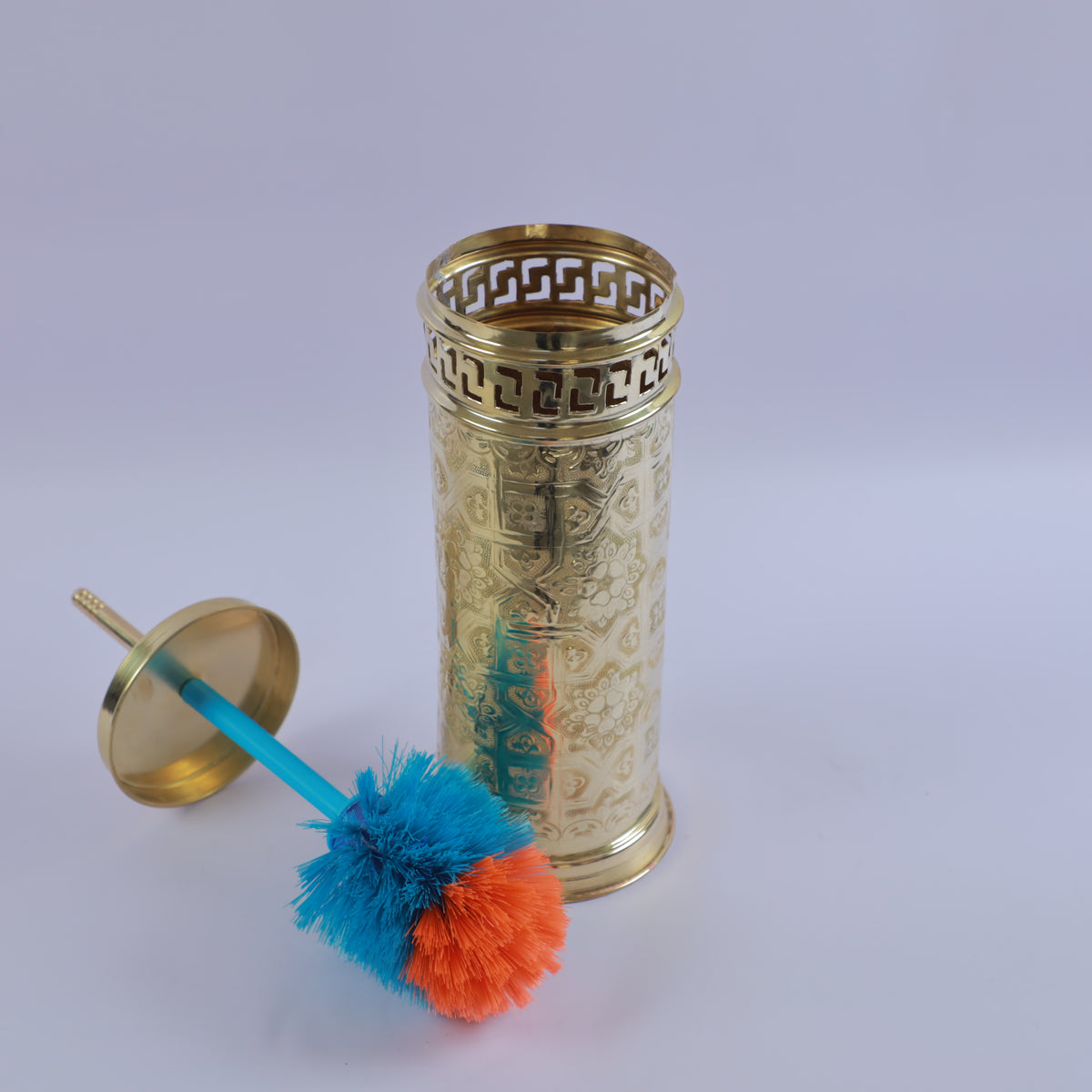 Handcrafted Brass Toilet Brush Holder Set – Luxury Bathroom Cleaning Brush with Decorative Engraved Brass Canister