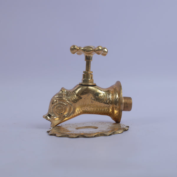Handcrafted Brass Fish Wall Faucet – Handmade Decorative Outdoor Garden Tap with Vintage Cross Handle & Engraved Escutcheon
