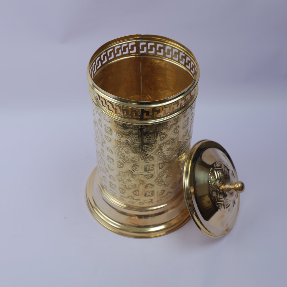 Handcrafted Engraved Brass Bathroom Waste Bin with Lid