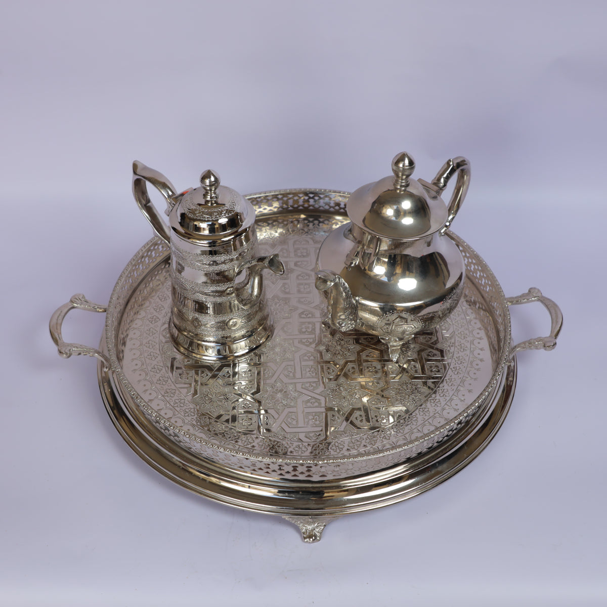 Handmade Moroccan Brass Tea Set with Engraved Serving Tray