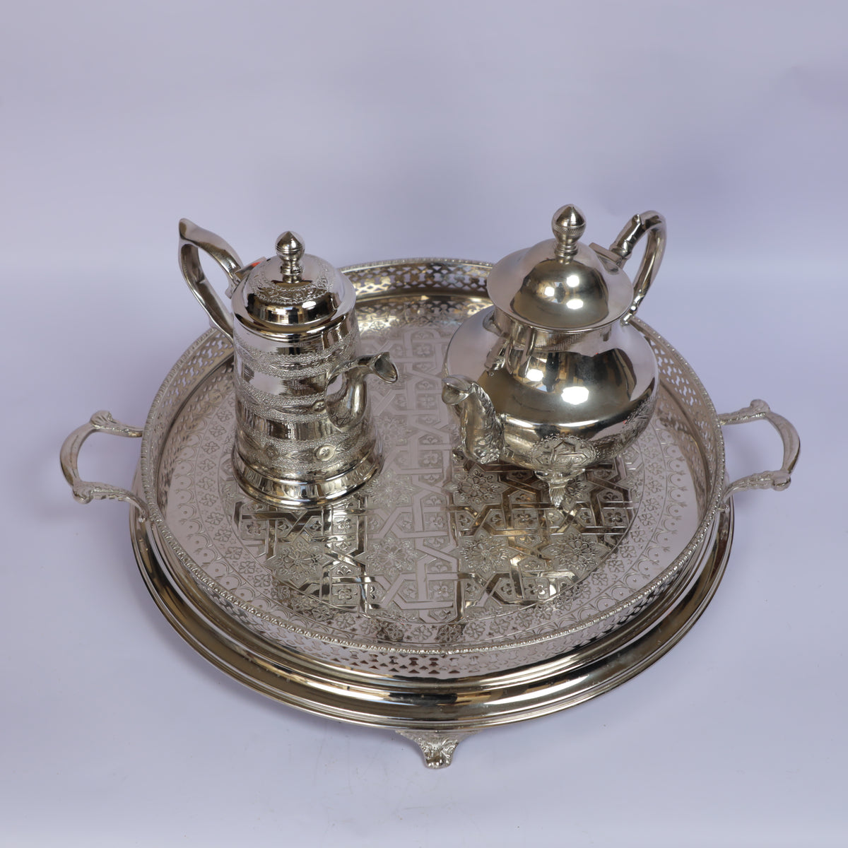 Handmade Moroccan Brass Tea Set with Engraved Serving Tray