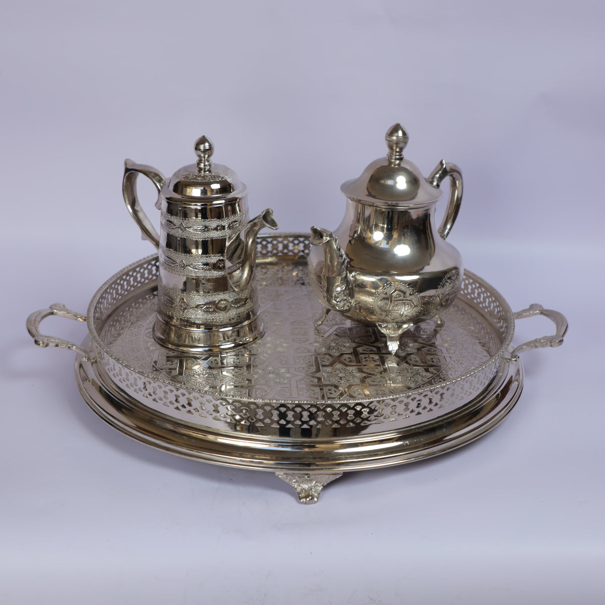 Handmade Moroccan Brass Tea Set with Engraved Serving Tray