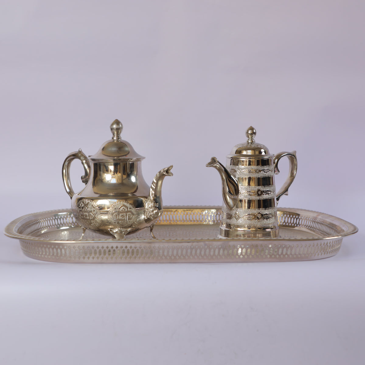 Handmade Moroccan Brass Tea Set with Serving Tray with 4 engraved cups