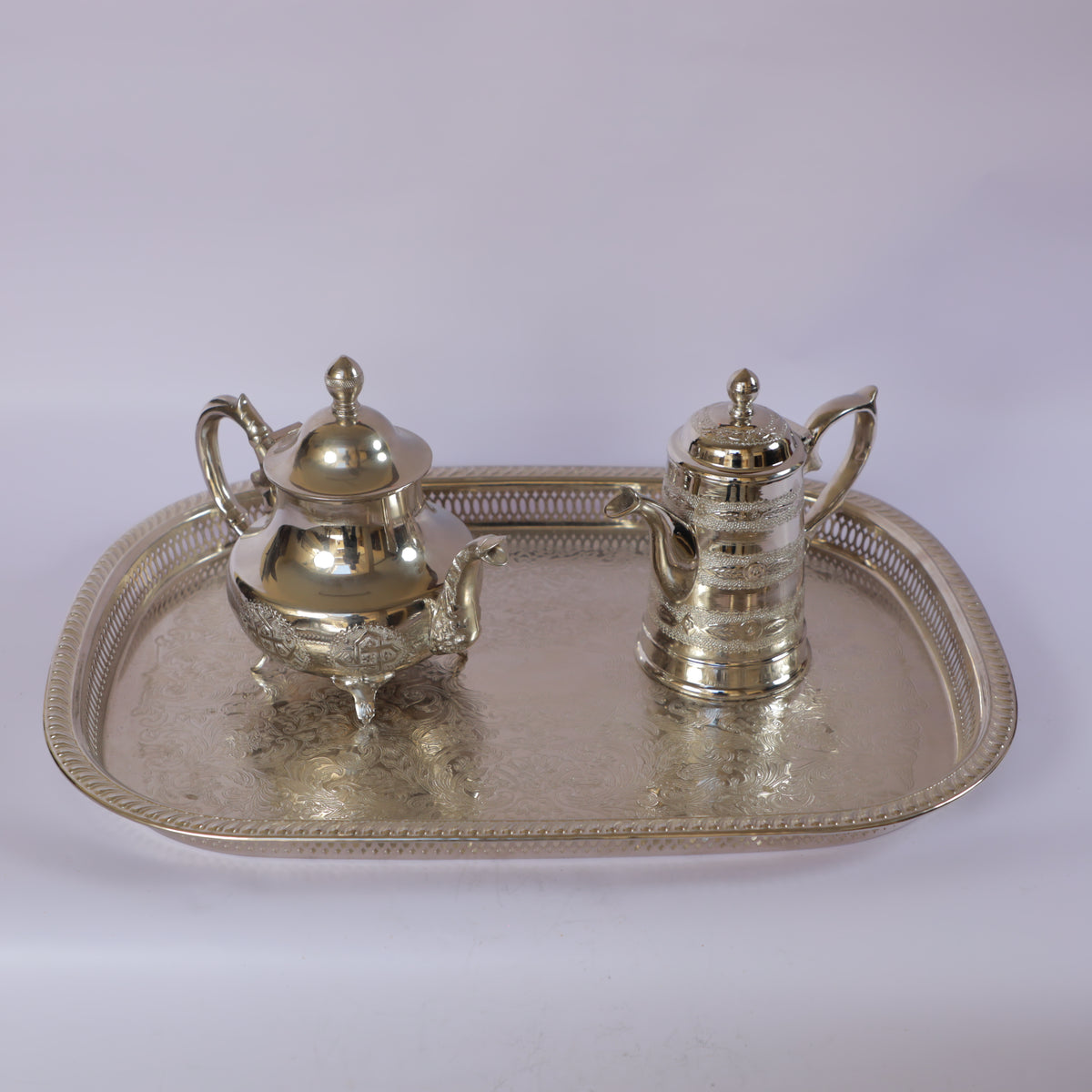 Handmade Moroccan Brass Tea Set with Serving Tray with 4 engraved cups