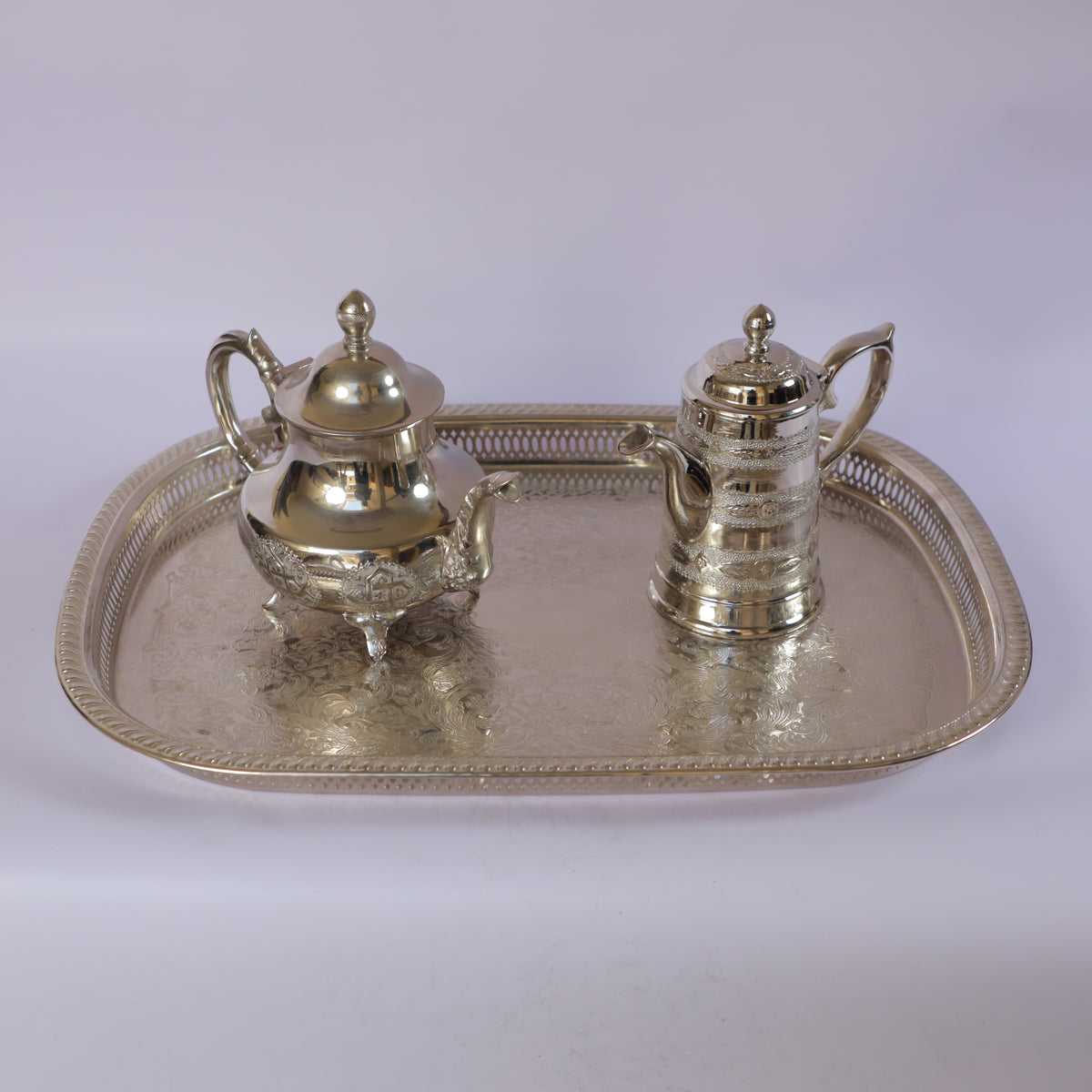 Handmade Moroccan Brass Tea Set with Serving Tray with 4 engraved cups