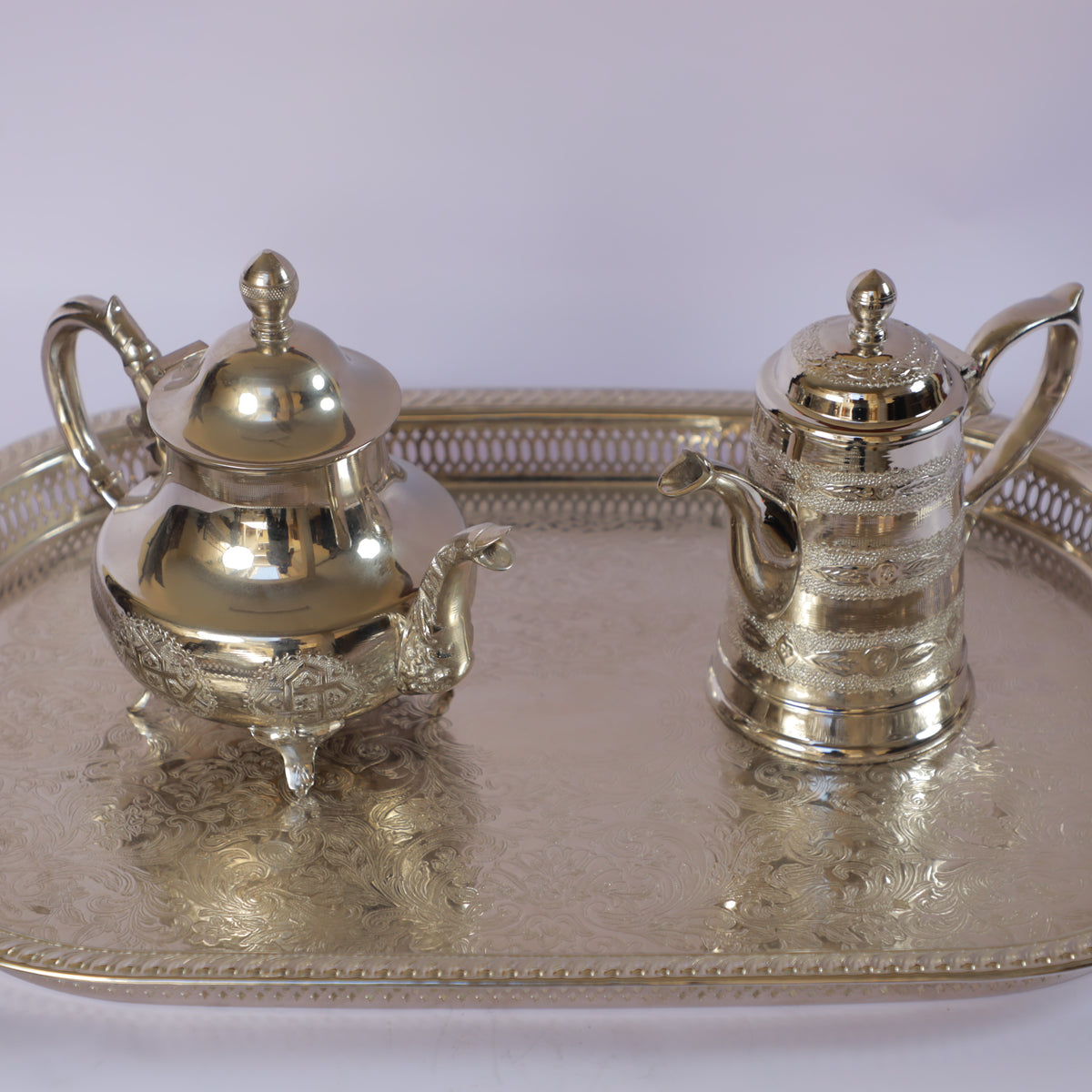Handmade Moroccan Brass Tea Set with Serving Tray with 4 engraved cups
