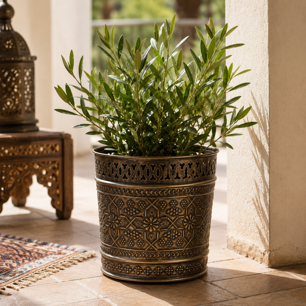 Handcrafted Engraved Metal Flower Pot with Moroccan Vintage