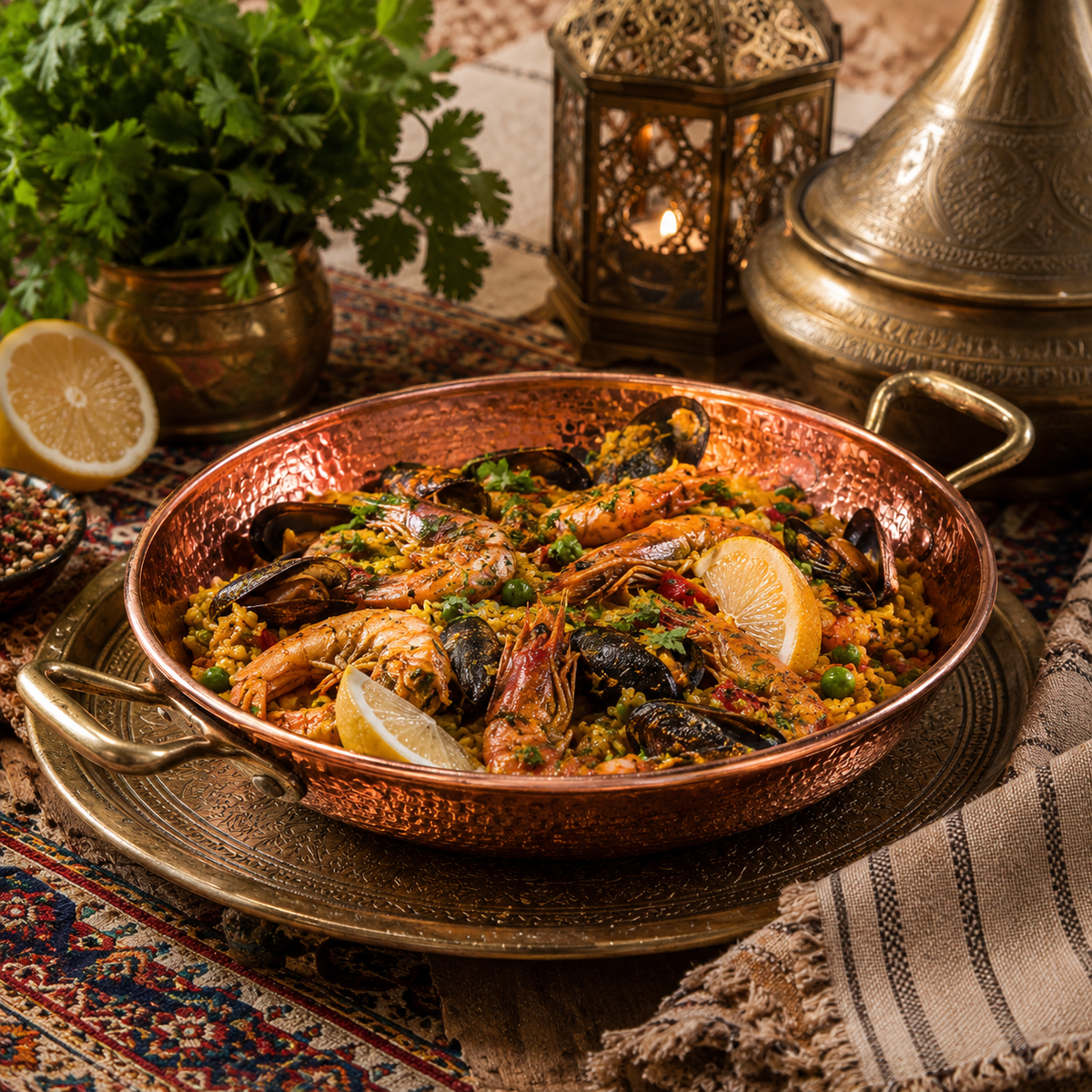 HandMade Hammered Copper Paella Pan with Brass Handles