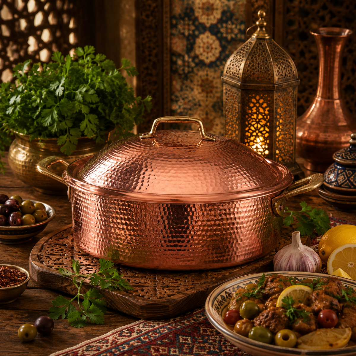 Handmade Hammered Copper Cooking Pot with Brass Handles & Lid