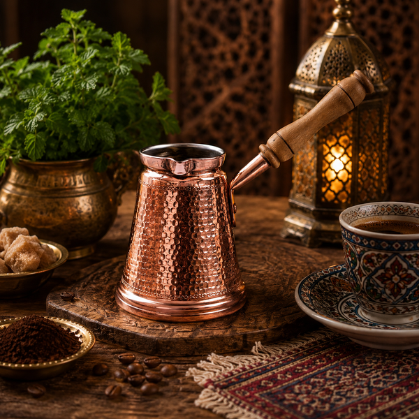 HandMade Hammered Copper Turkish Coffee Pot with Wooden Handle