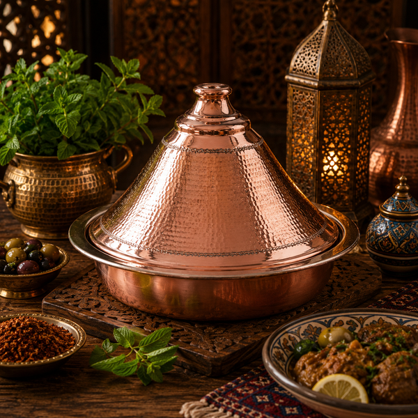 Handmade Hammered Copper Tagine with Stainless Steel Bas