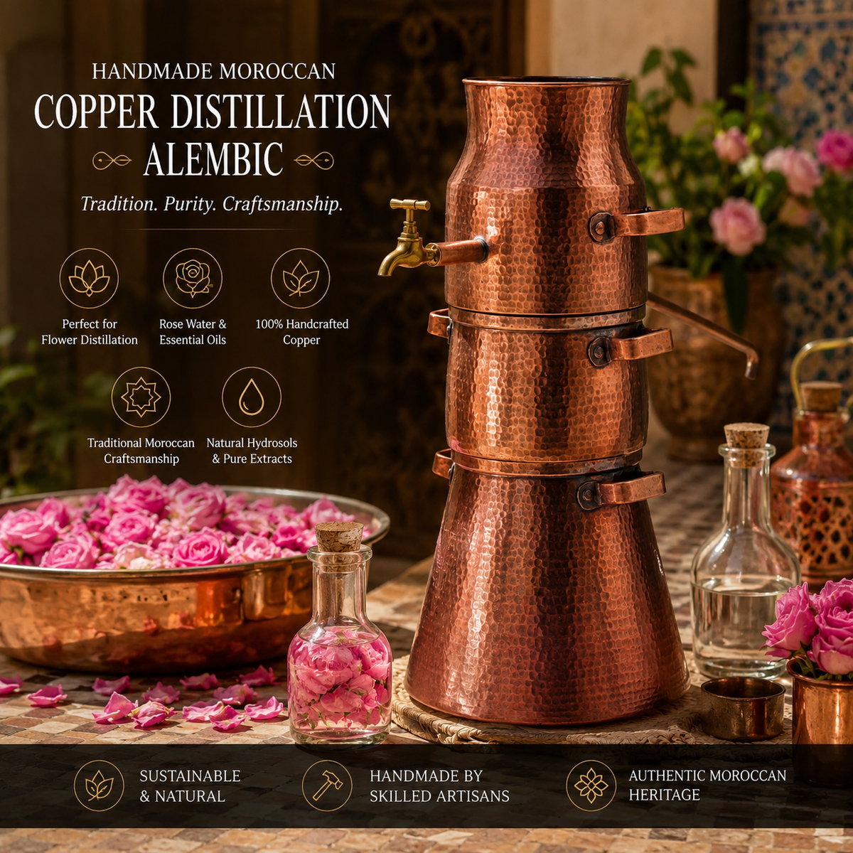 Authentic Handmade Moroccan Copper Flower Distillation Alembic
