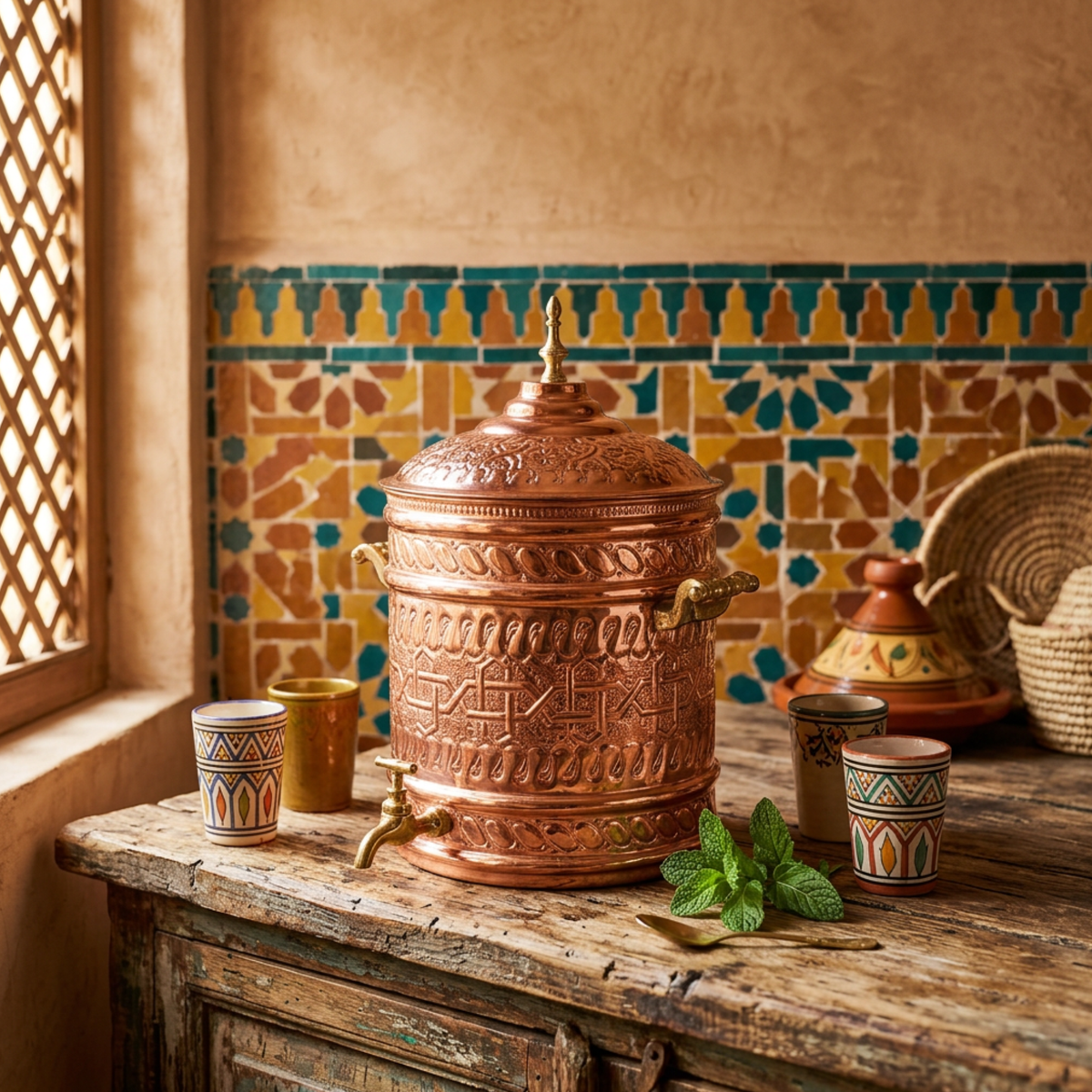 Handmade Moroccan Copper Water Dispenser with Brass Faucet