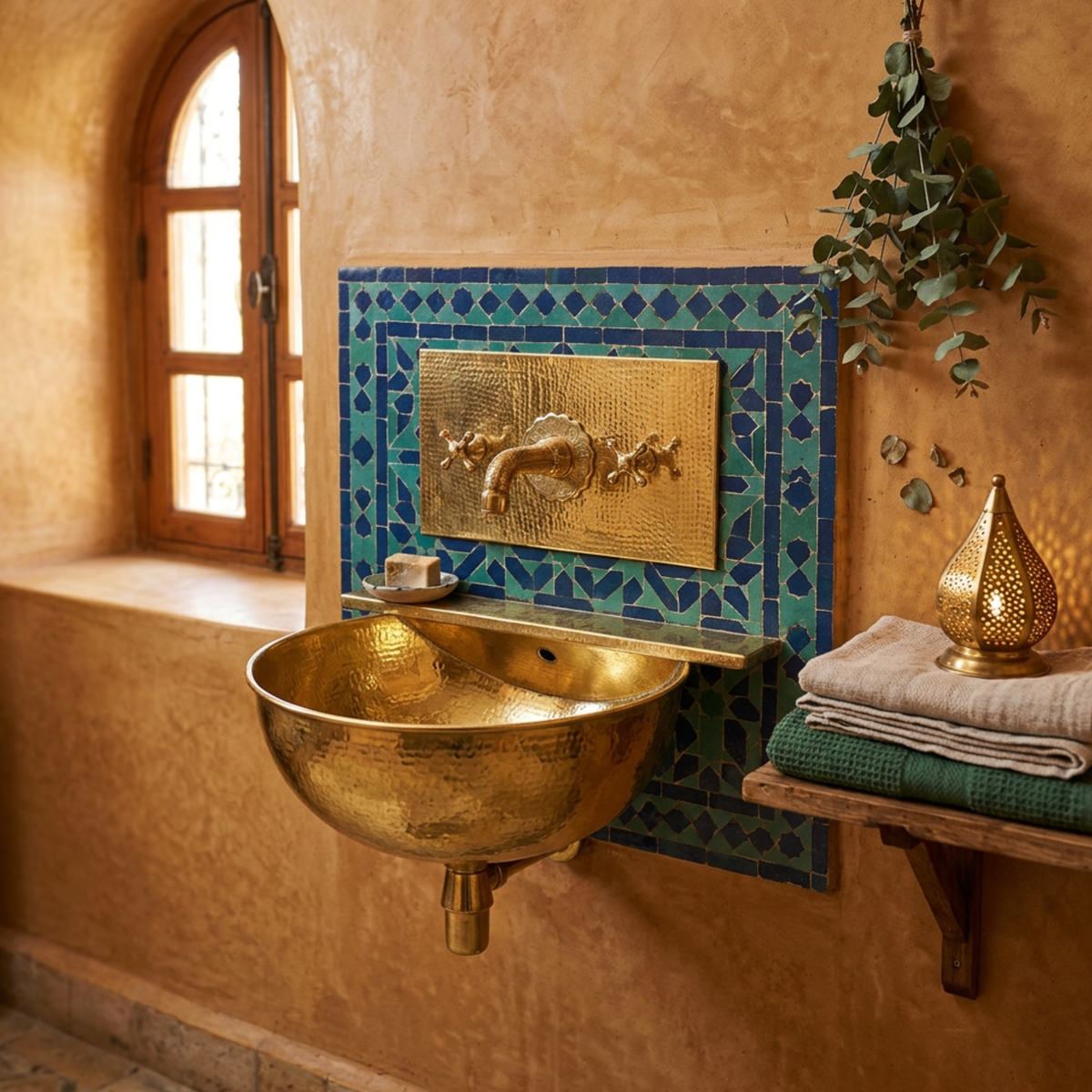 Handmade Moroccan Brass Wall Mount Sink with Faucet