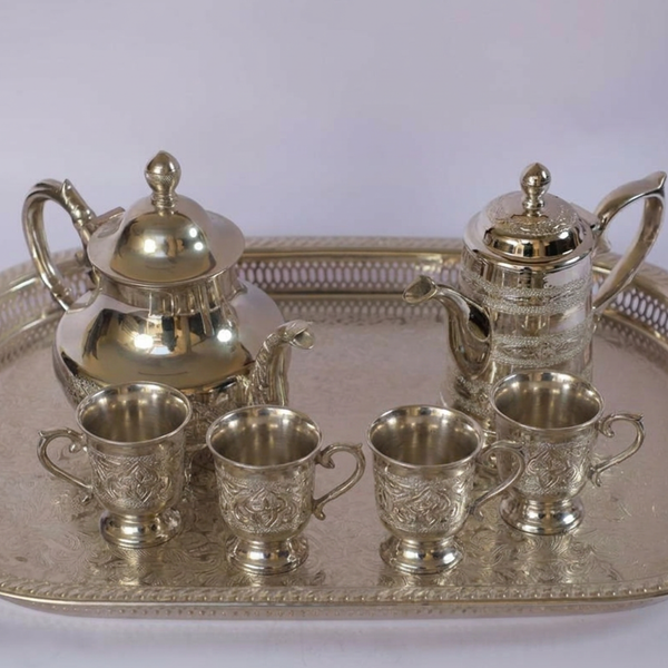 Handmade Moroccan Brass Tea Set with Serving Tray with 4 engraved cups