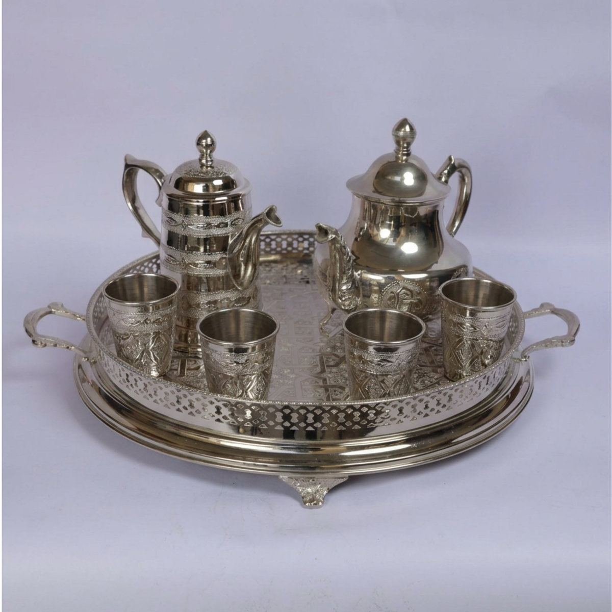 Handmade Moroccan Brass Tea Set with Engraved Serving Tray