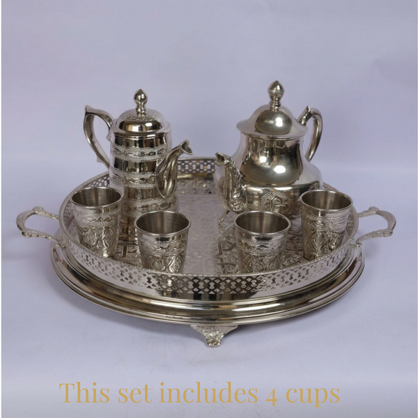 Handmade Moroccan Brass Tea Set with Engraved Serving Tray