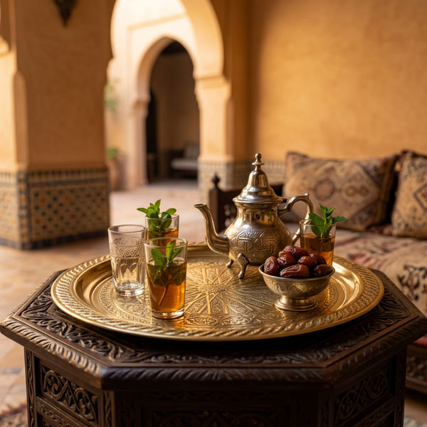 Handcrafted Moroccan Brass Serving Tray – Large Round Engraved Decorative Tea Tray with Traditional Geometric Pattern