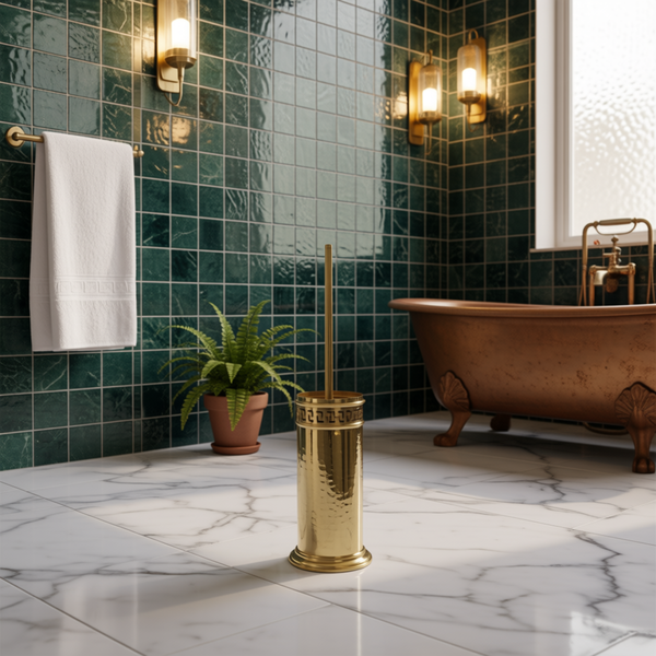 Handcrafted Hammered Brass Toilet Brush Holder Set