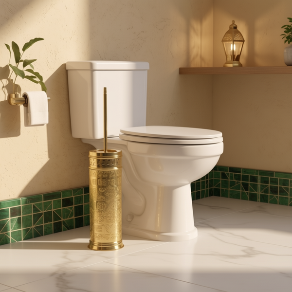 Handcrafted Brass Toilet Brush Holder Set – Luxury Bathroom Cleaning Brush with Decorative Engraved Brass Canister