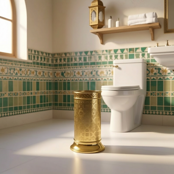 Handcrafted Engraved Brass Bathroom Waste Bin with Lid