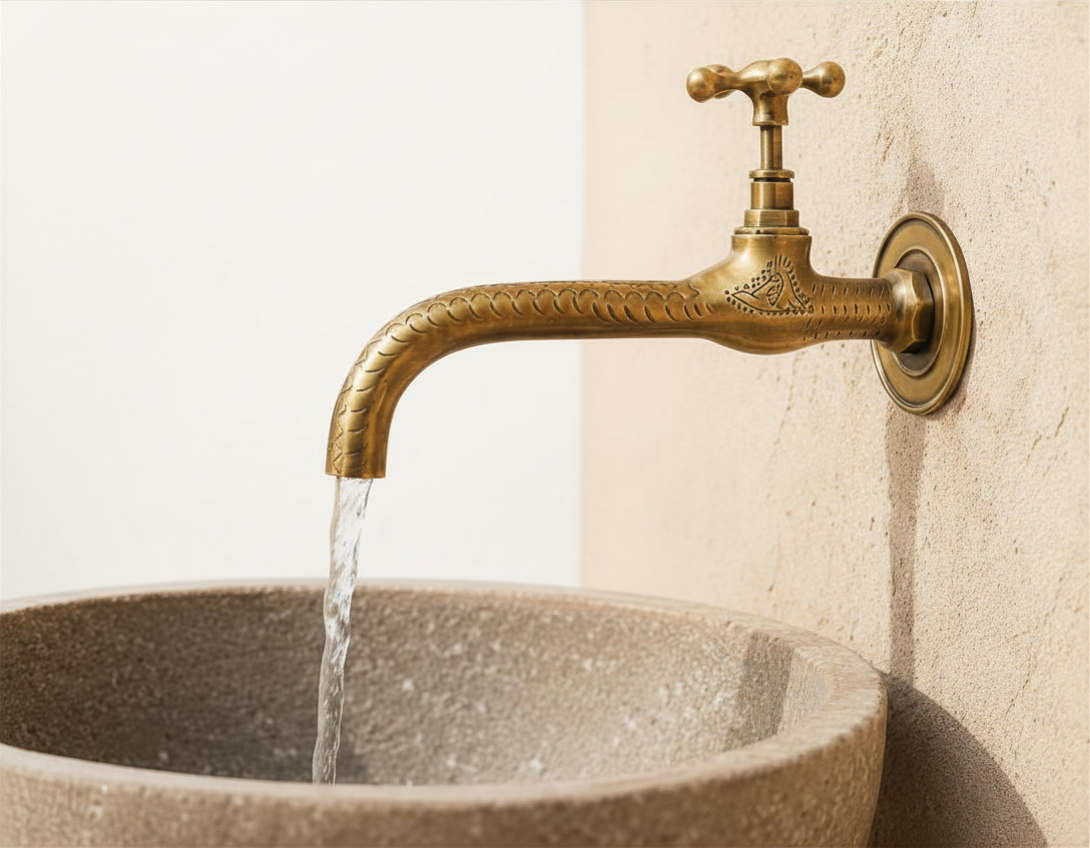 Handcrafted Antique Brass Wall-Mount Faucet – Moroccan Cross Handle Bathroom & Kitchen Tap with Engraved Swan Neck Spout