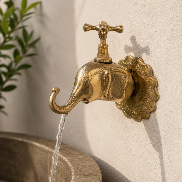 Handcrafted Solid Brass Elephant Wall Faucet – Handmade Vintage Decorative Garden Water Tap with Engraved Escutcheon