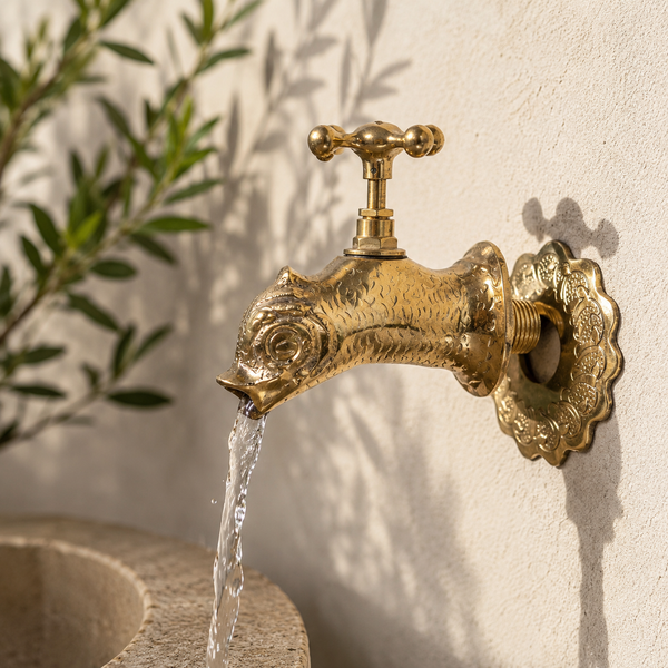 Handcrafted Brass Fish Wall Faucet – Handmade Decorative Outdoor Garden Tap with Vintage Cross Handle & Engraved Escutcheon